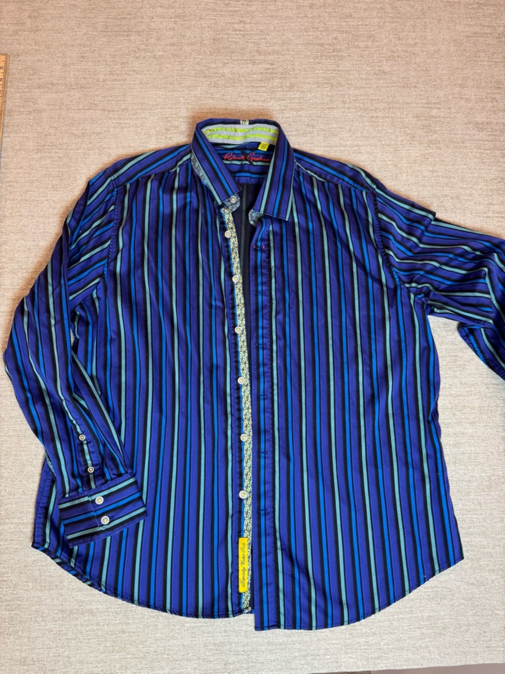 Robert Graham X Collection Men's Blue and Green Striped Dress Shirt